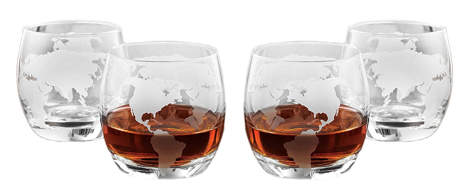 Denizli Etched Globe DOF 10 Oz Whisky Glasses, Liquor Glassware, Set of 4