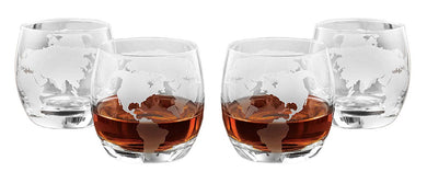 Denizli Etched Globe DOF 10 Oz Whisky Glasses, Liquor Glassware, Set of 4