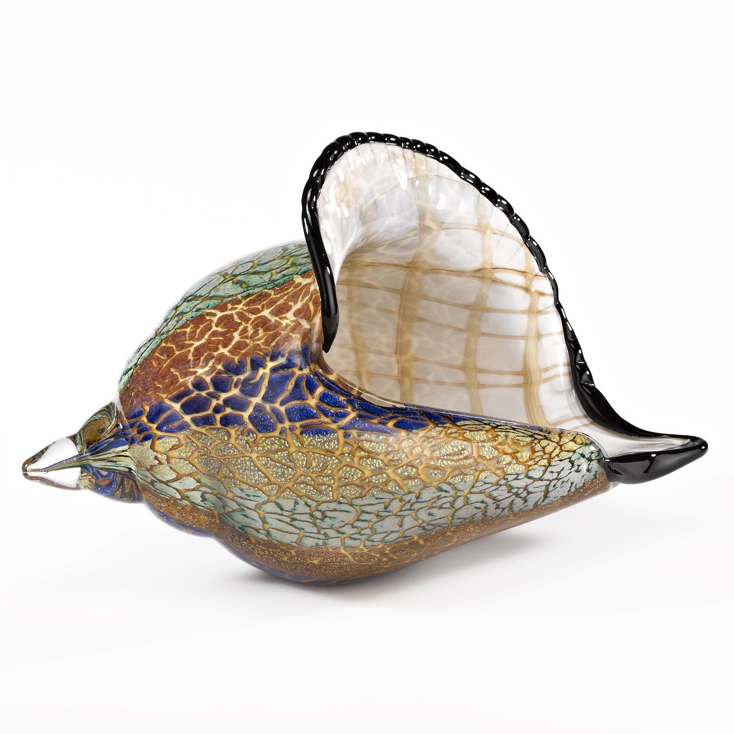 (D) Handcrafted 'Firestorm' Murano Art Glass Conch Shell Figurine 13in on Base