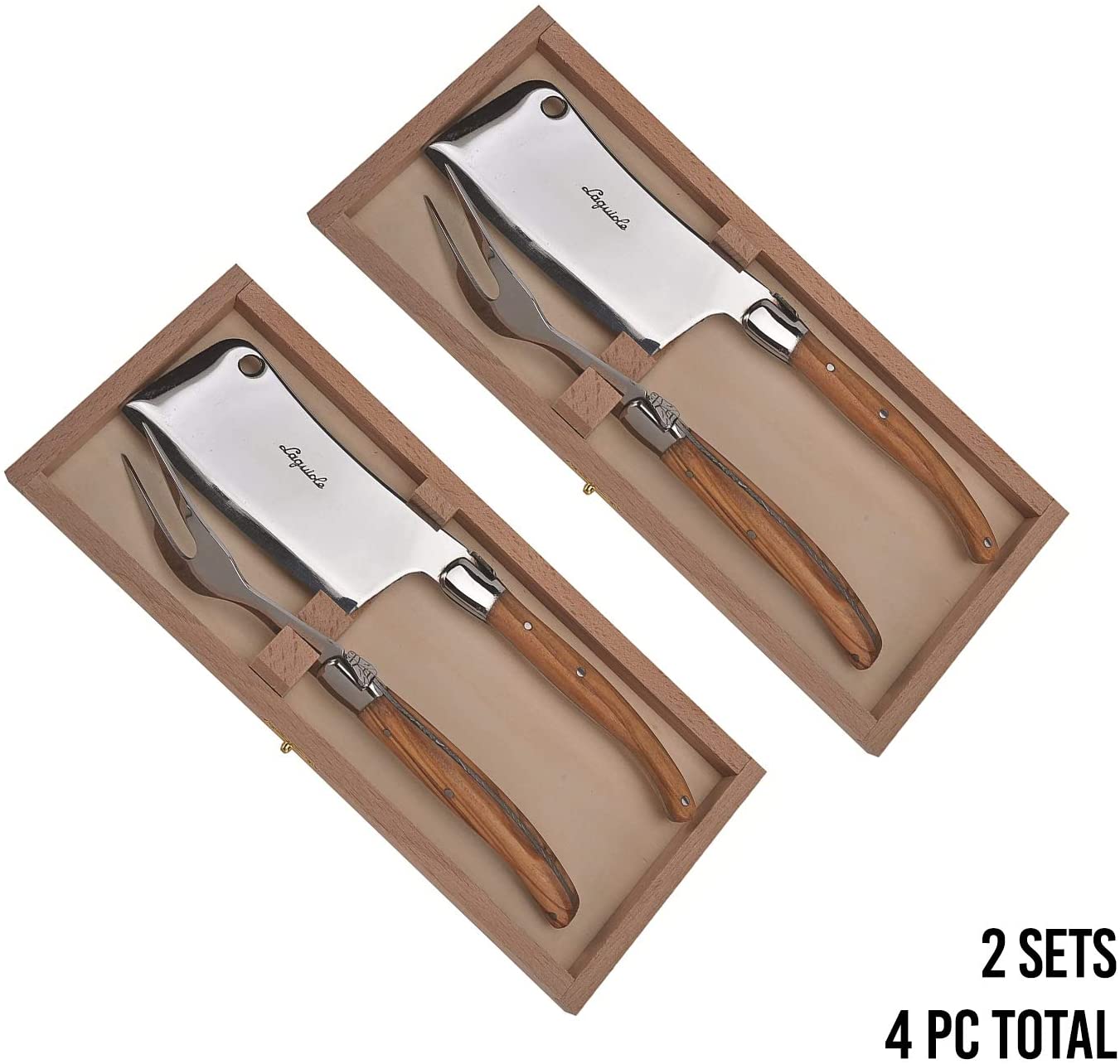 (D) Laguiole Hand Made French 2pc Olive Wood Cheese Set in a Box Vintage 2 PACK