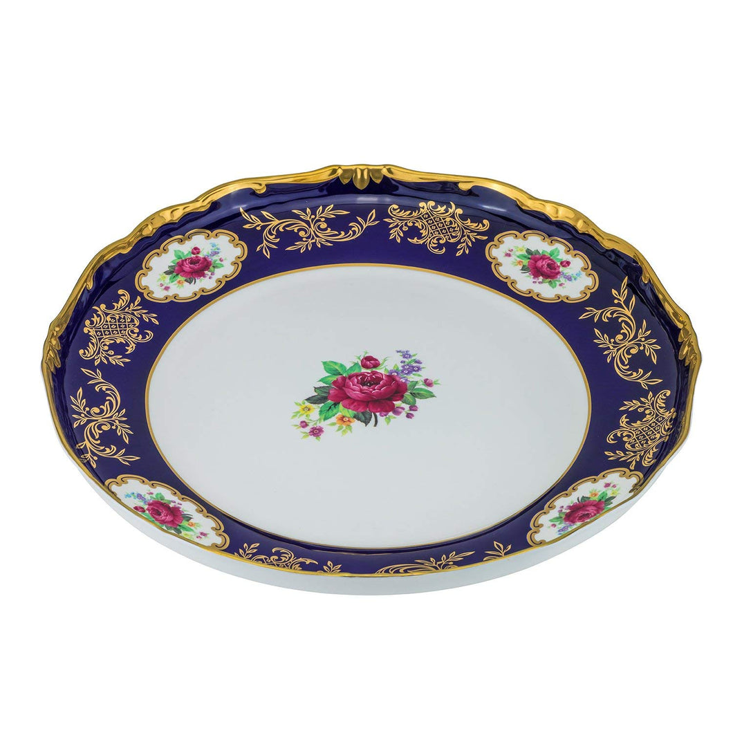 Royalty Porcelain Blue Floral Fruit Serving Platter, Pink Roses 24K Gold (16R)