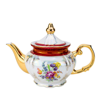 Royalty Porcelain Small Teapot with Gold Spout, Floral Design 14 Oz (Red)