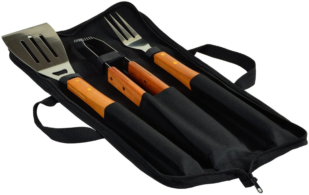 (D) Professional BBQ Grill Wooden Handles Tools Set for Outdoor Cooking