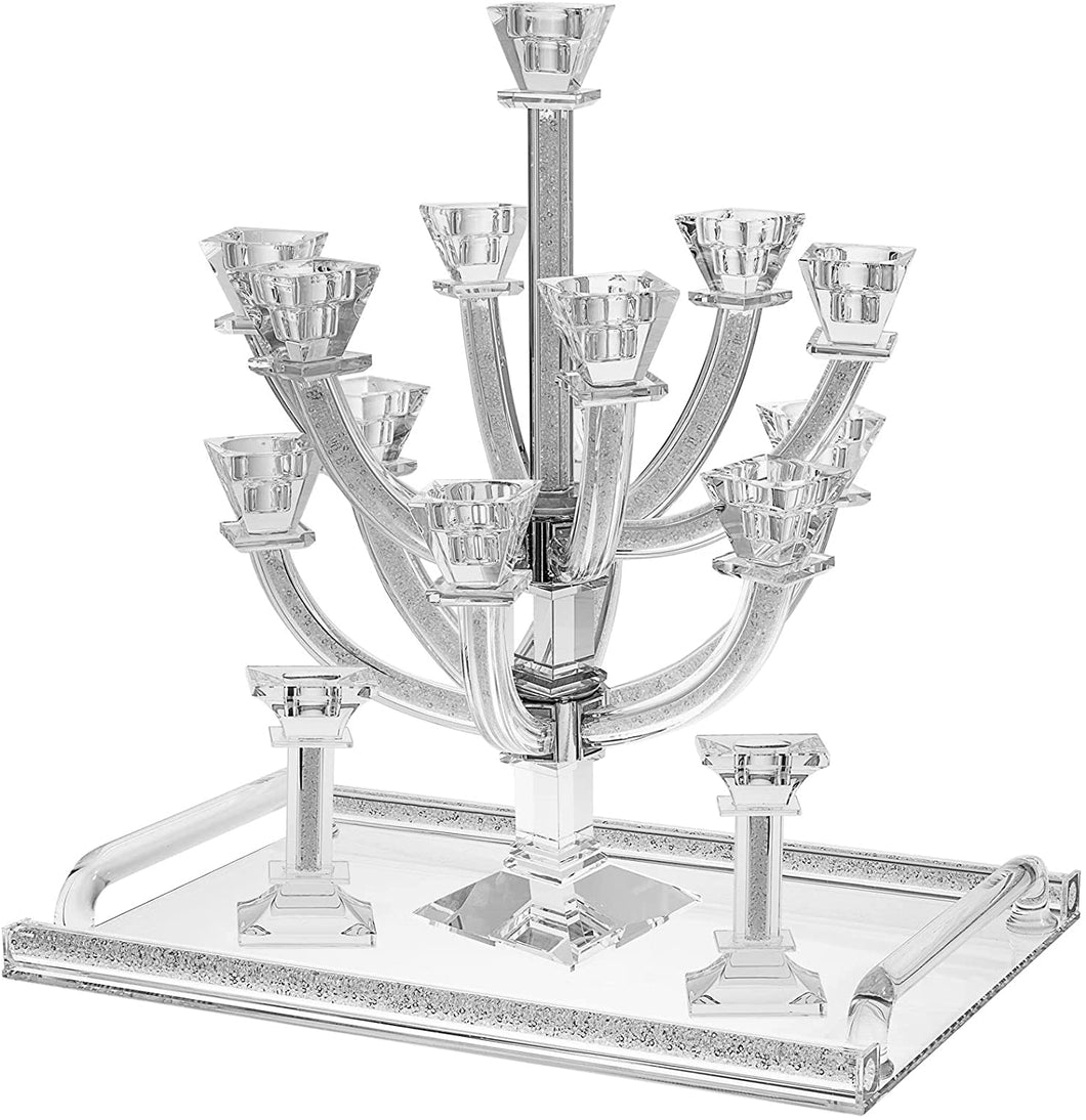 (D) Candelabra Crystal with Stones 13 Branches Judaica with Tray