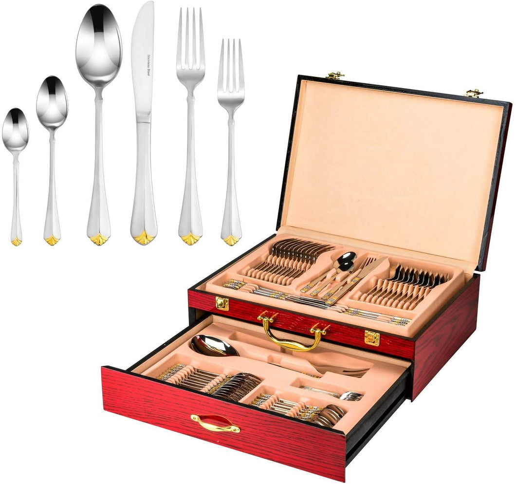 Royal Flatware 'Crown' 75-Piece Premium Surgical Stainless Steel Silverware Flatware Set in a Wooden Case, Service for 12, 24K Gold-Plated 18/10