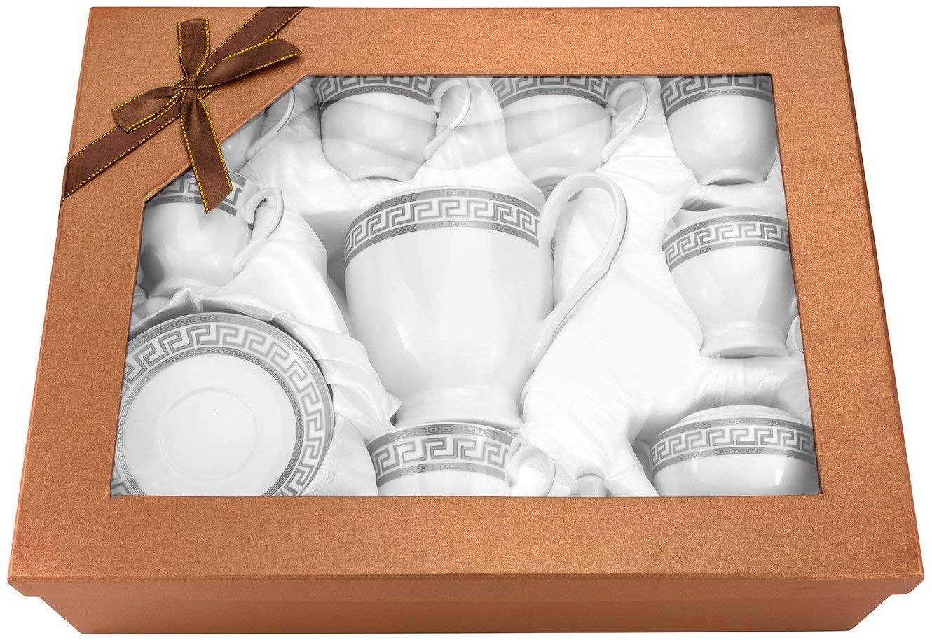 17 Piece Tea or Coffee set Greek Key Ornament, Fine Porcelain (Silver)