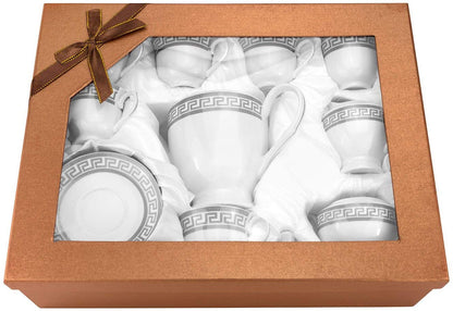 17 Piece Tea or Coffee set Greek Key Ornament, Fine Porcelain (Silver)