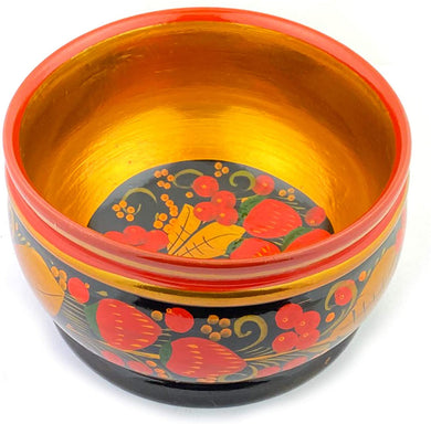 (D) Khokhloma Bowl Russian Souvenir With a Red and Gold Floral Design