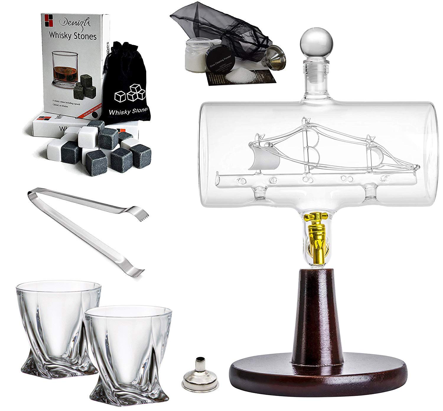 Large Handmade Whisky Dispenser Liquor Etched Decanter and Diamond Glasses Mega Set