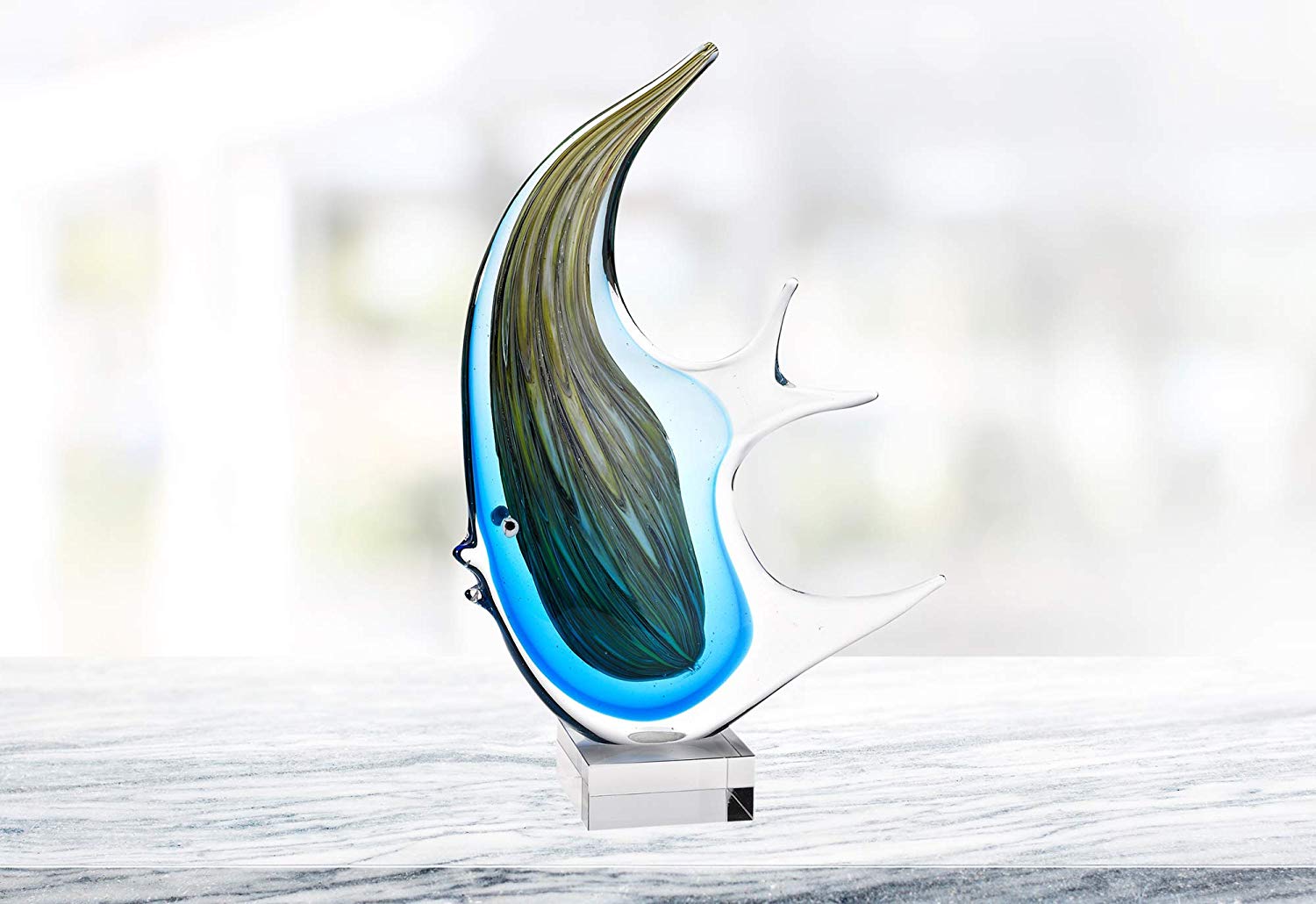 (D) Handcrafted Murano Art Glass Angel Fish Centerpiece Figurine 16" on Base