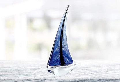 (D) Handcrafted Murano Art Style Glass Ocean Blue Sailboat Figurine 13" on Base