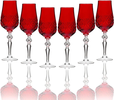 SET of 6 Handmade Russian CUT Crystal - RED Color Old-Fashioned Champagne Glasses / Flutes on a Long Stem, 190ml/6.5oz Crystal Glass Goblets