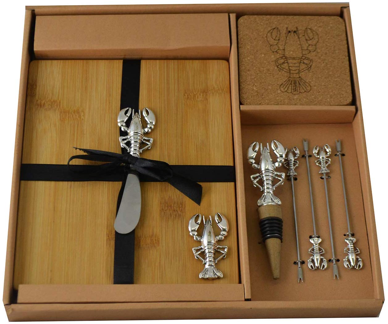 (D) Wooden Cheese Board with Silver Picks, Stopper, Knife, Coasters 'Lobster'