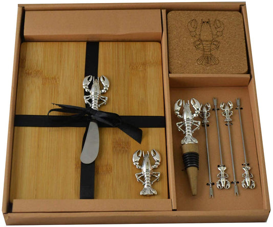 (D) Wooden Cheese Board with Silver Picks, Stopper, Knife, Coasters 'Lobster'