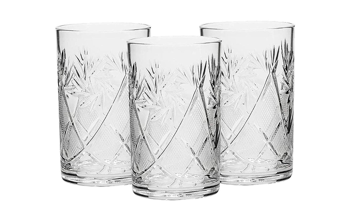 Set of 3 Crystal Glasses for Coffee or Tea with Vintage Cut Design 8 oz
