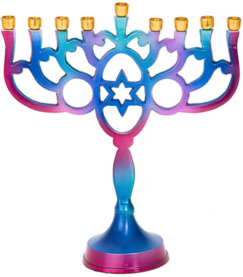 (D) Judaica Blue and Purple Metal Menorah Chanukah Holiday Decor 9.25''