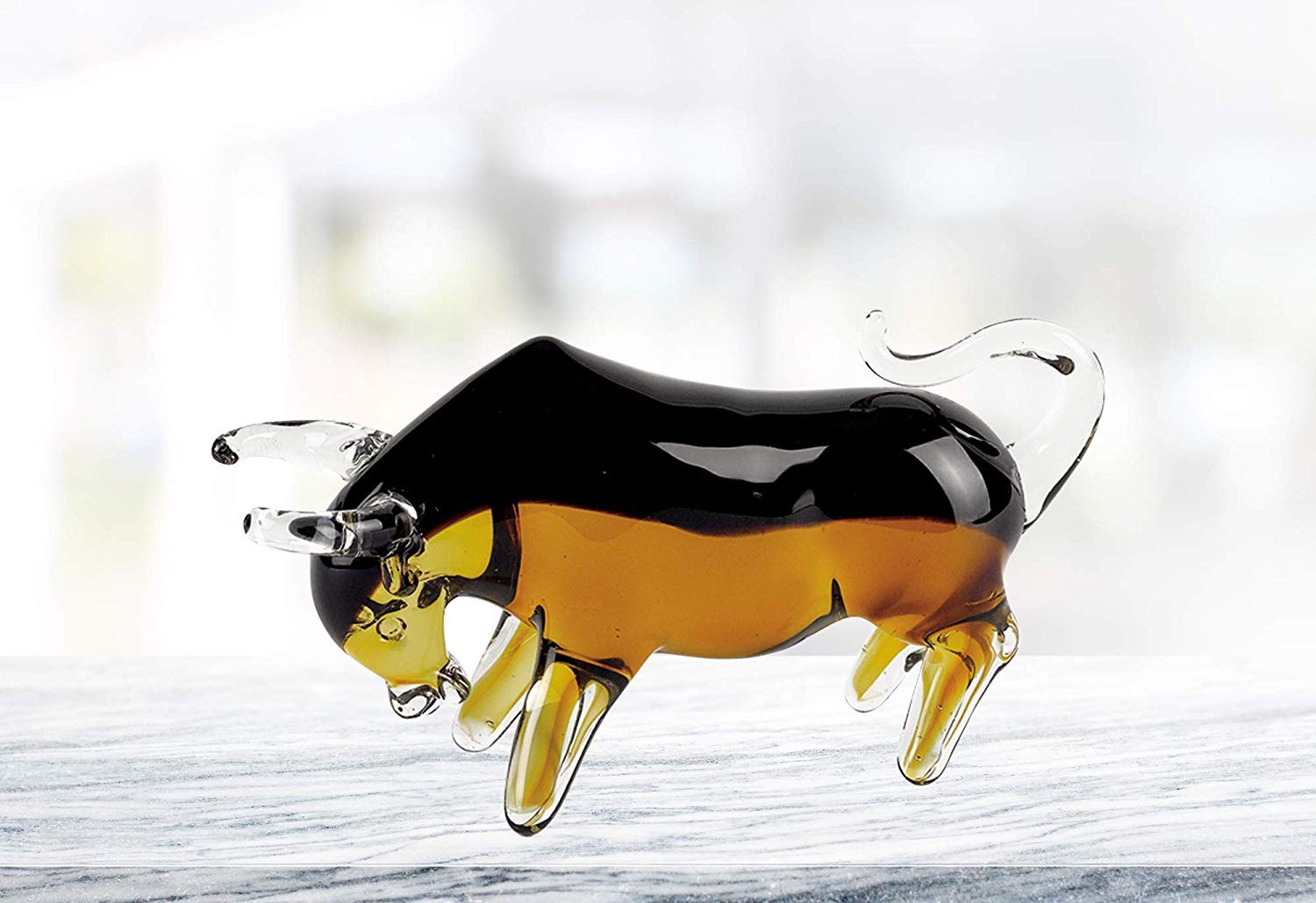 (D) Handcrafted Murano Art Glass Black & Amber Colored Bull Figurine 4"