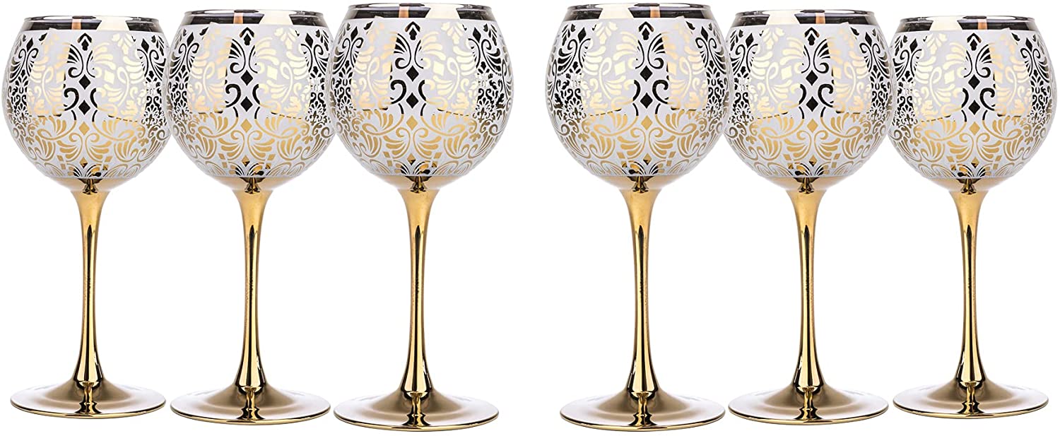 Set Of 6 Wine Gold Goblet Glasses 12 Oz, Floral Design