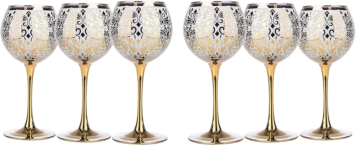 Set Of 6 Wine Gold Goblet Glasses 12 Oz, Floral Design