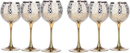 Set Of 6 Wine Gold Goblet Glasses 12 Oz, Floral Design