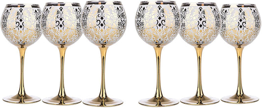 Set Of 6 Wine Gold Goblet Glasses 12 Oz, Floral Design