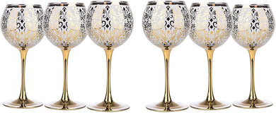 Set Of 6 Wine Gold Goblet Glasses 12 Oz, Floral Design