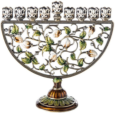 (D) Judaica Beautiful Menorah with Floral Fresh Design Candle Holder Green