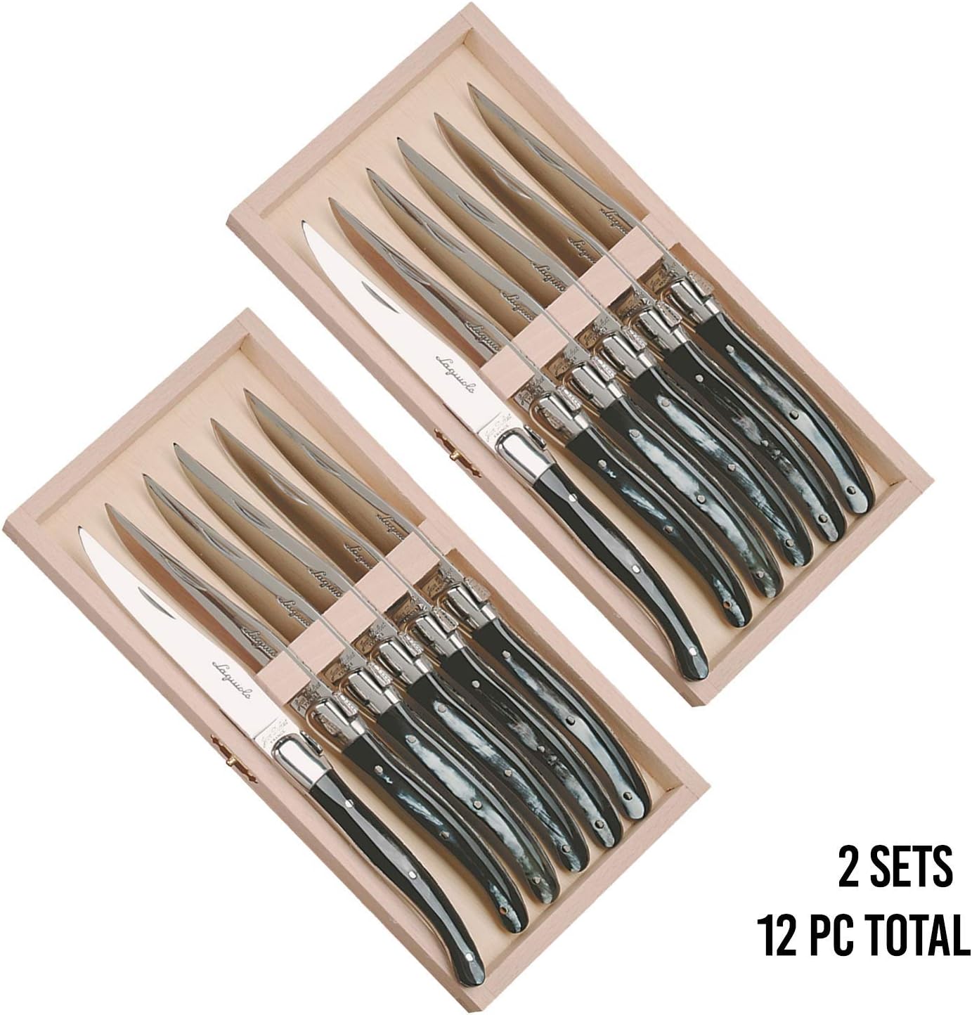 (D) Laguiole Steak Knives Non Serrated Set of 6 Stainless Steel 2 Set (Black)