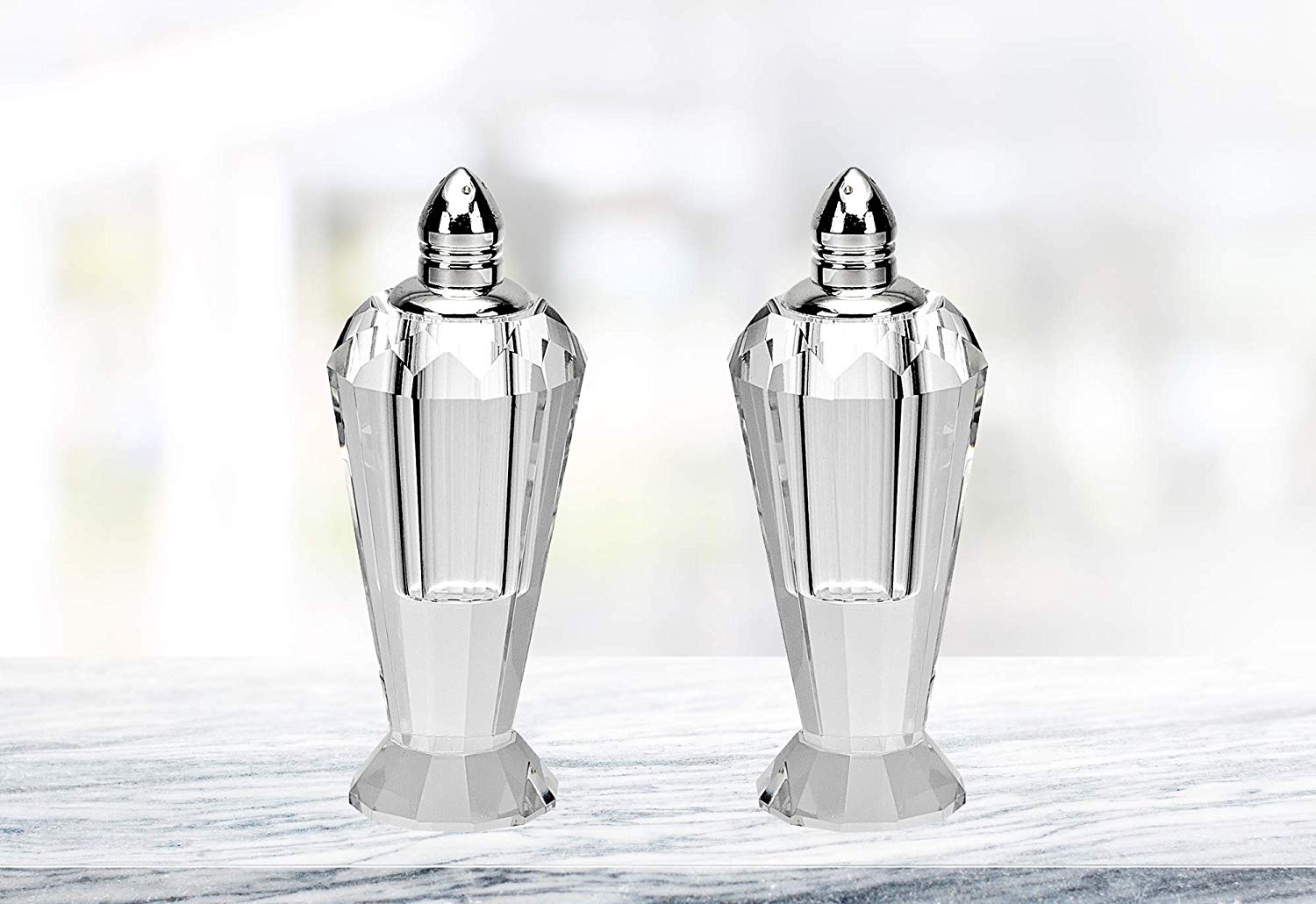 (D) Handcrafted 'Preston Silver' Crystal Glass 2-pc Salt & Pepper Shakers Set