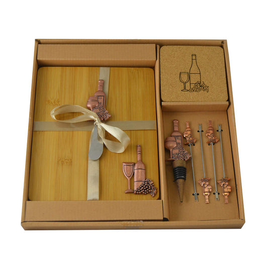 (D) Wooden Cheese Board with Silver Picks, Stopper, Knife, Coasters 11-pc 'Wine'