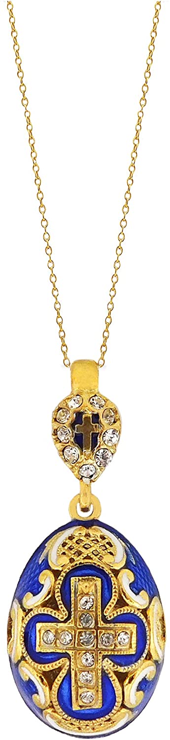 (D) Religious Gifts Faberge Style Egg Pendant with Cross (Blue)