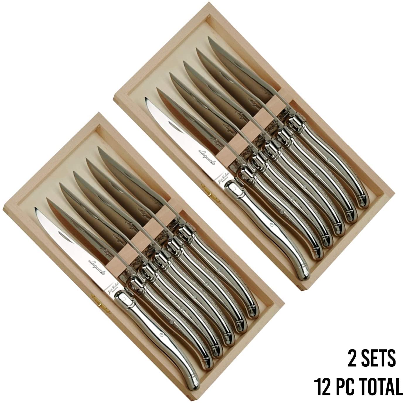 Laguiole non-serrated steak knives set of 12 in stainless steel arranged in two rows on a neutral surface