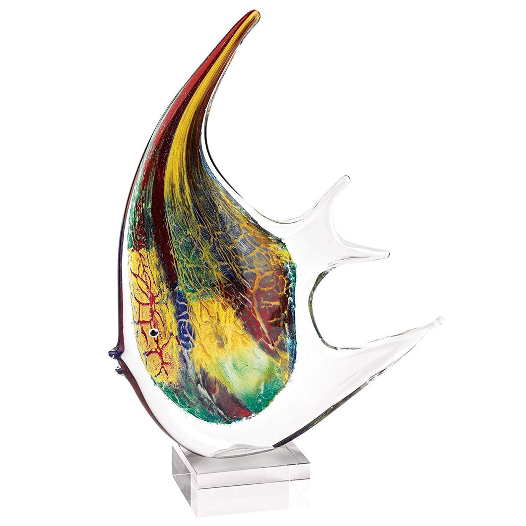 (D) Handcrafted Murano Art Glass Firestorm Angel Fish On Base H16 Inch