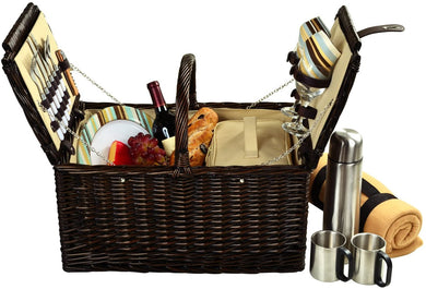 (D) Surrey Picnic Basket for 2 with Blanket and Coffee Set for Outdoor (Green)