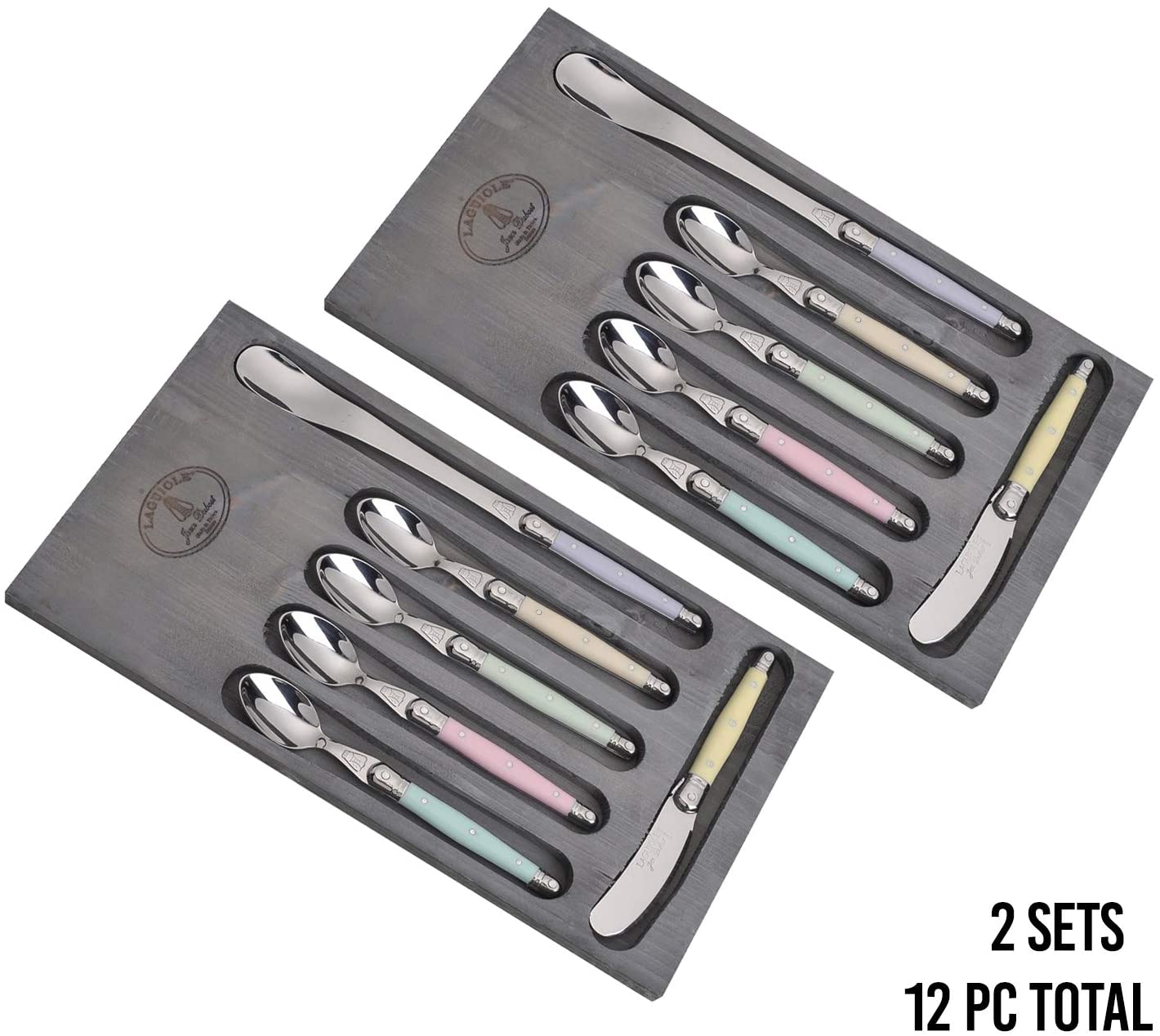 (D) Laguiole French Handmade 6pc Coffee and Tea Set Pastel Spoons Vintage 2 PACK