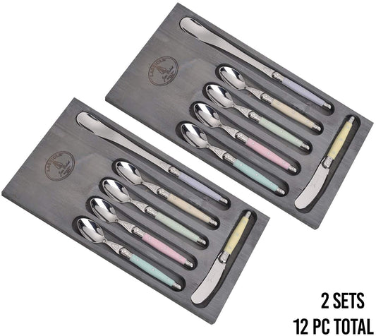 (D) Laguiole French Handmade 6pc Coffee and Tea Set Pastel Spoons Vintage 2 PACK