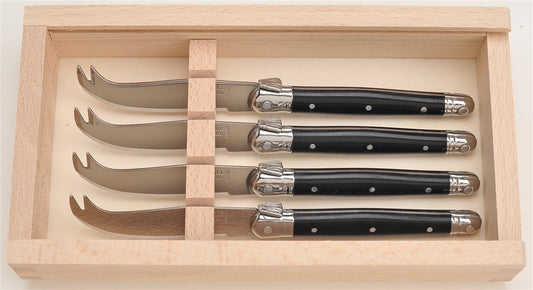 (D) Laguiole French Hand Made 4 Cheese Knives in Wood Box, Vintage (Black)