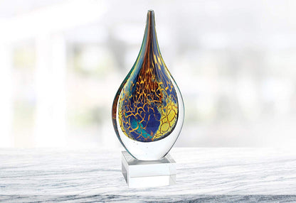 (D) Handcrafted Murano Art Glass 'Firestorm' Teardrop Figurine 12" on Base