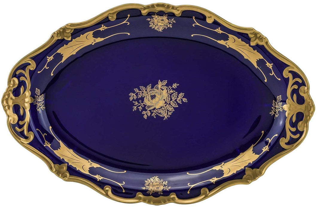 Royalty Porcelain Blue Oval Serving Platter, Leaves' 24K Gold Pattern (14'')