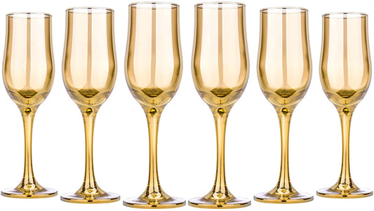 Champagne Flutes, Wine Glasses 6,5 Oz Gold Goblets Glassware Set of 6