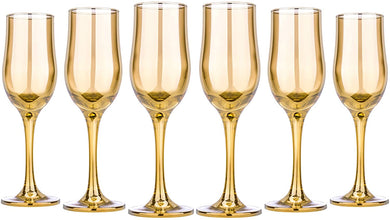 Champagne Flutes, Wine Glasses 6,5 Oz Gold Goblets Glassware Set of 6