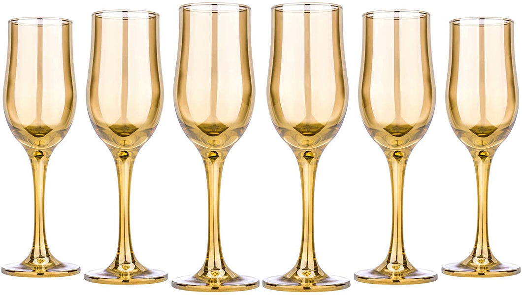 Champagne Flutes, Wine Glasses 6,5 Oz Gold Goblets Glassware Set of 6