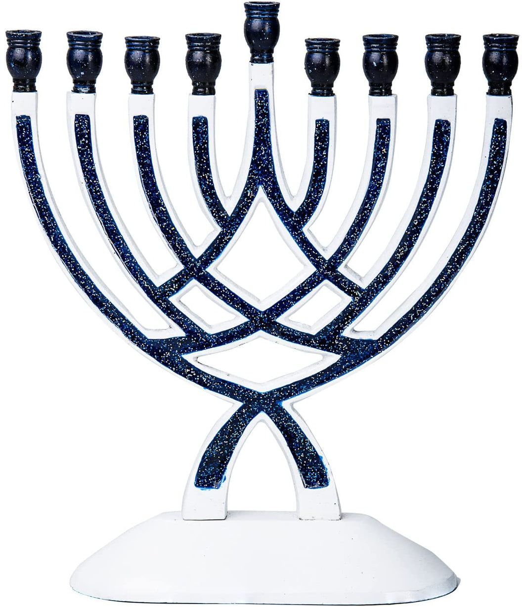 (D) Judaica Blue and White Metal Menorah Chanukah Modern Decor