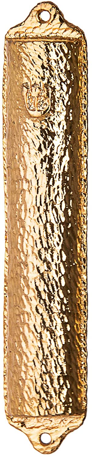 (D) Judaica Hammered Metal Mezuzah Case 4.5 inch for Door (Gold)