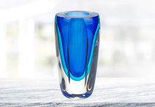 (D) Handcrafted 'Azure' Murano Art Glass Blue Decorative Oval Flower Vase 6"