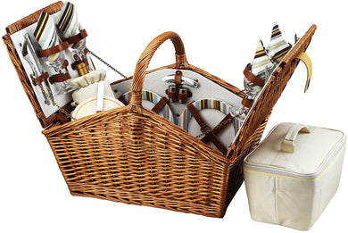 (D) Huntsman Picnic Basket for 4, Full Equipment Set for Outdoor (Green Stripes)