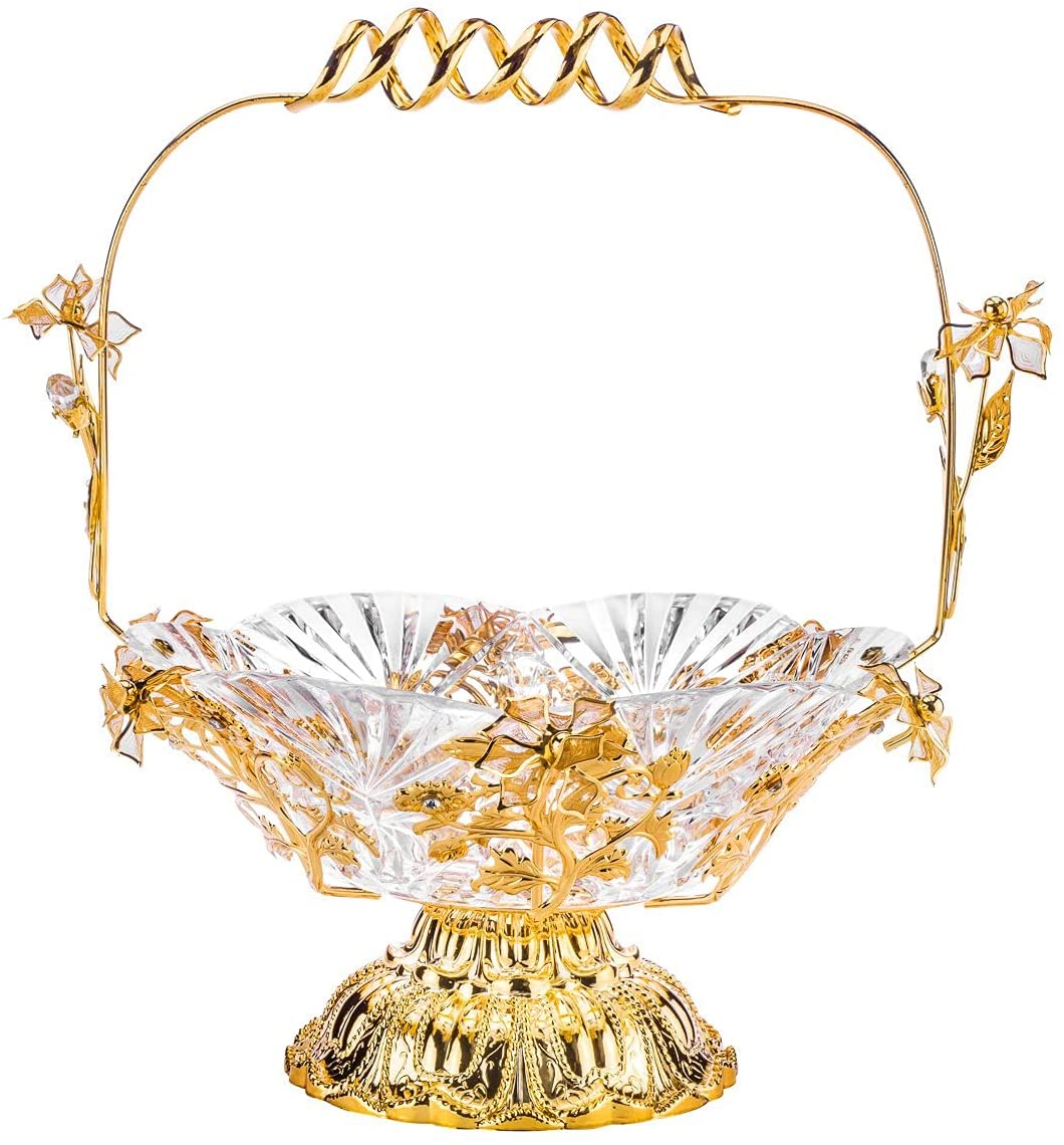 Table Serving Basket with Handle 1pc, Fruit Bowl Gold with Crystals