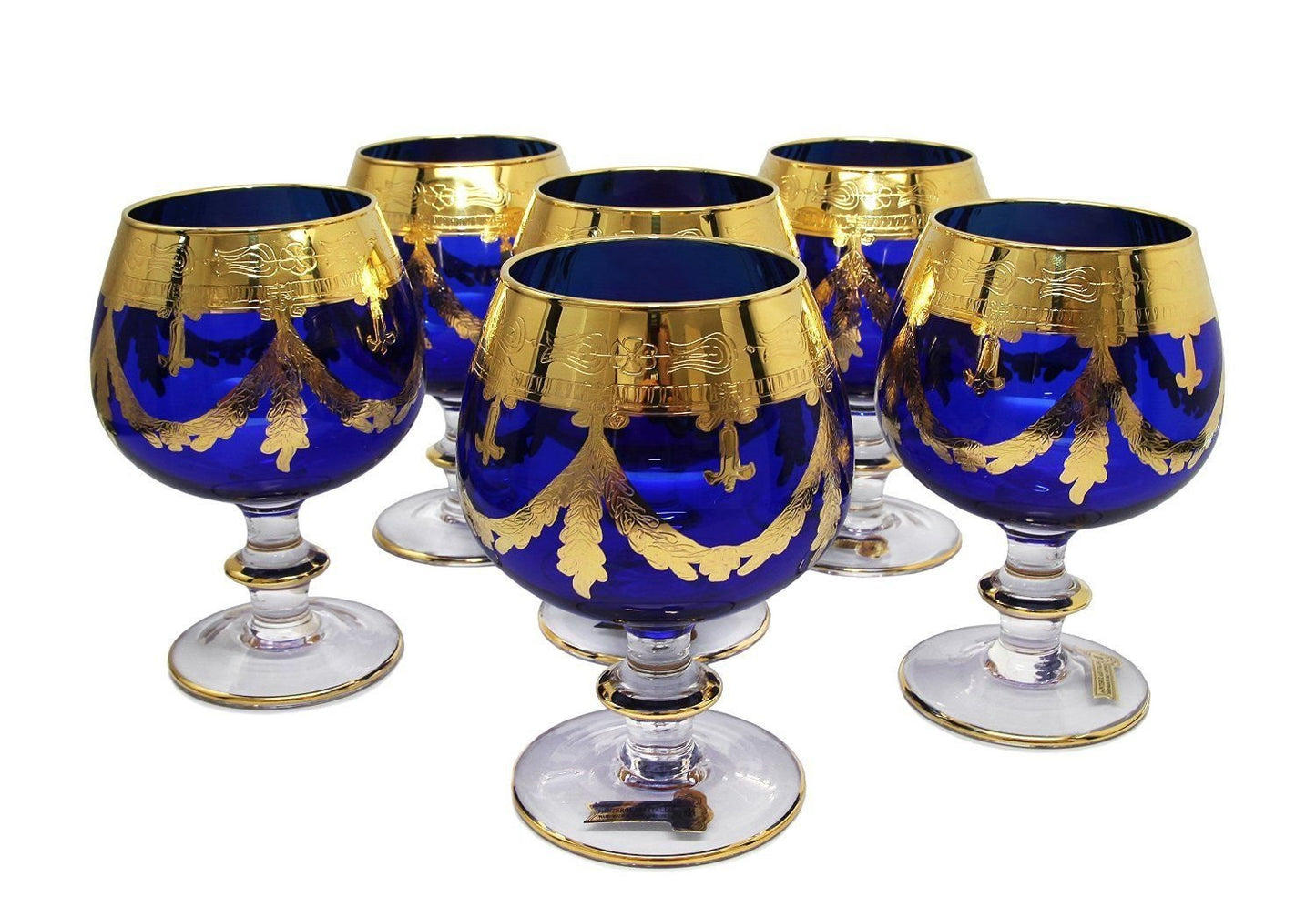 Interglass Italy Luxury Blue Crystal Cognac Glasses, 24k Gold-Plated Set of 2, 6, or 12