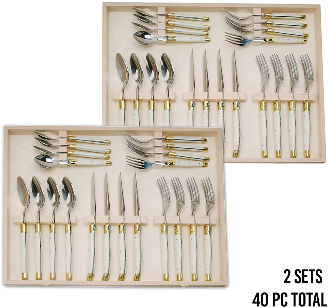 (D) Laguiole Flatware, Flatware Set with Ivory Handles in a Box 20-pc 2 PACK