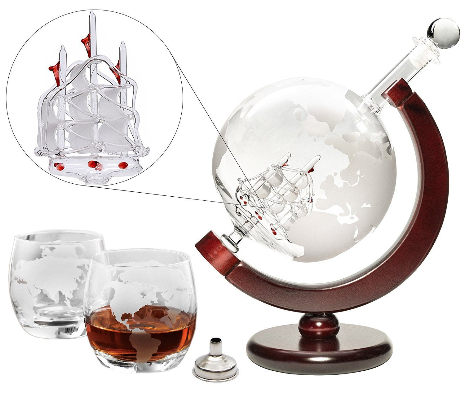 Large Decanter Set – Whiskey Decanter with Wooden Stand, 2 Etched Globe Whiskey Glasses, and Funnel – Elegant Liquor Dispenser for Spirits